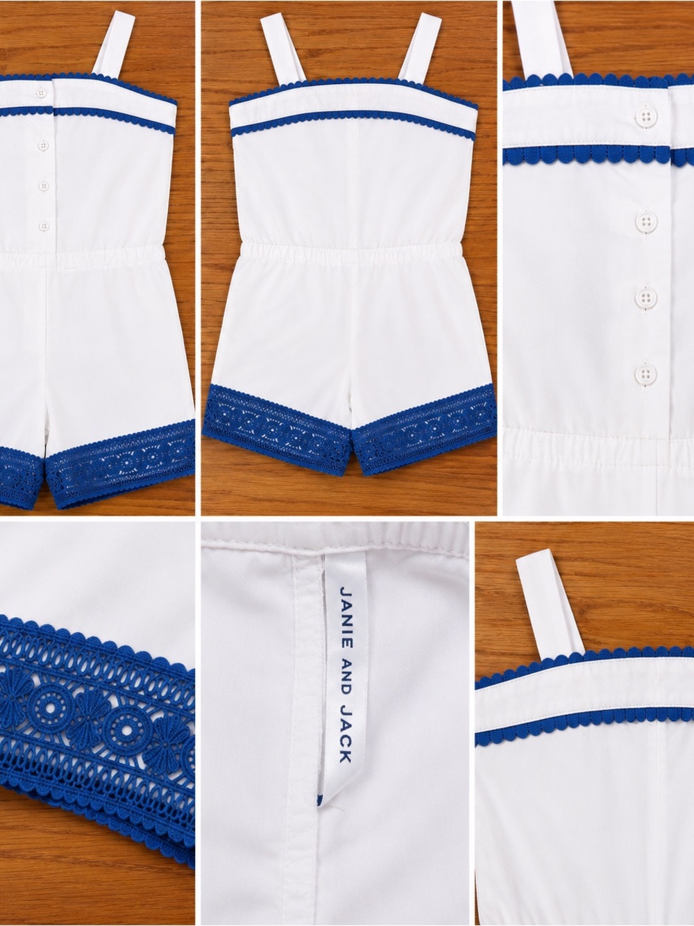 Janie and Jack White Romper with Blue Eyelet Lace Trim Girls Size 5